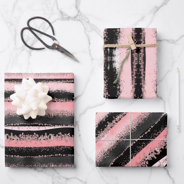 Black Rose Gold Glitter Wrapping Paper Sheet (Front)