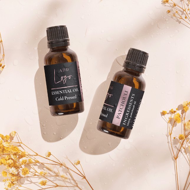 Black & Rose Gold Logo Essential Oil Waterproof (Black and rose gold essential oil bottle waterproof labels with your logo and product ingredients)