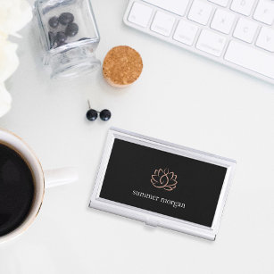 Black & Rose Gold Lotus Flower Personalized Business Card Holder