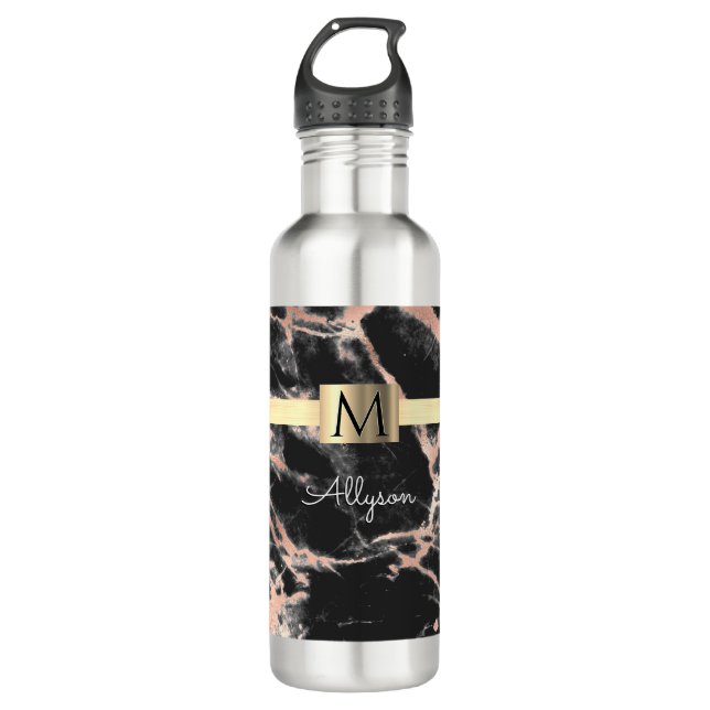Black & Rose Gold Marble Gold Box, Name & Monogram 710 Ml Water Bottle (Front)