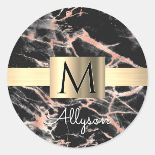 Black & Rose Gold Marble Gold Box, Name & Monogram Classic Round Sticker