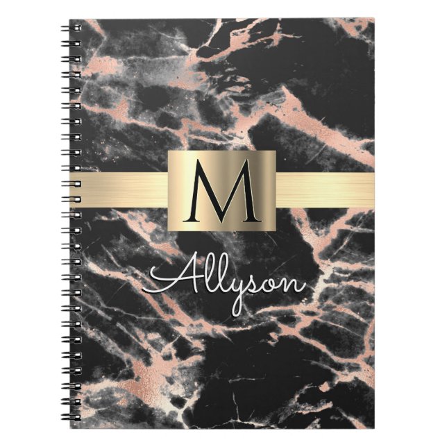 Black & Rose Gold Marble Gold Box, Name & Monogram Notebook (Front)