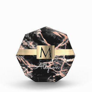 Black & Rose Gold Marble Gold Box, Name & Monogram Photo Block