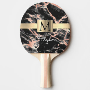 Black & Rose Gold Marble Gold Box, Name & Monogram Ping Pong Paddle
