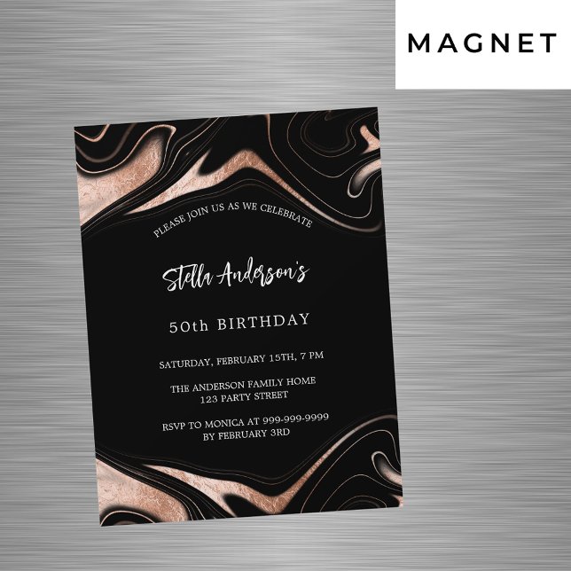Black rose gold marble luxury modern birthday magnetic invitation (Creator Uploaded)