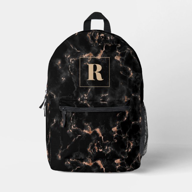 Black & Rose Gold Marble Monogram Printed Backpack (Front)