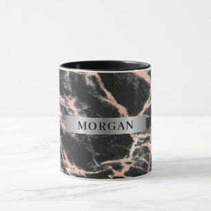 Black & Rose Gold Marble, Name on Silver Band Mug