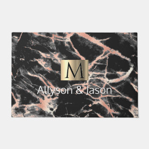 Black & Rose Gold Marble, White Names & Monogram Doormat