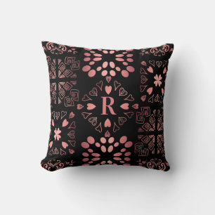 Black Rose Gold Monogram Heart Patchwork Pattern Throw Pillow