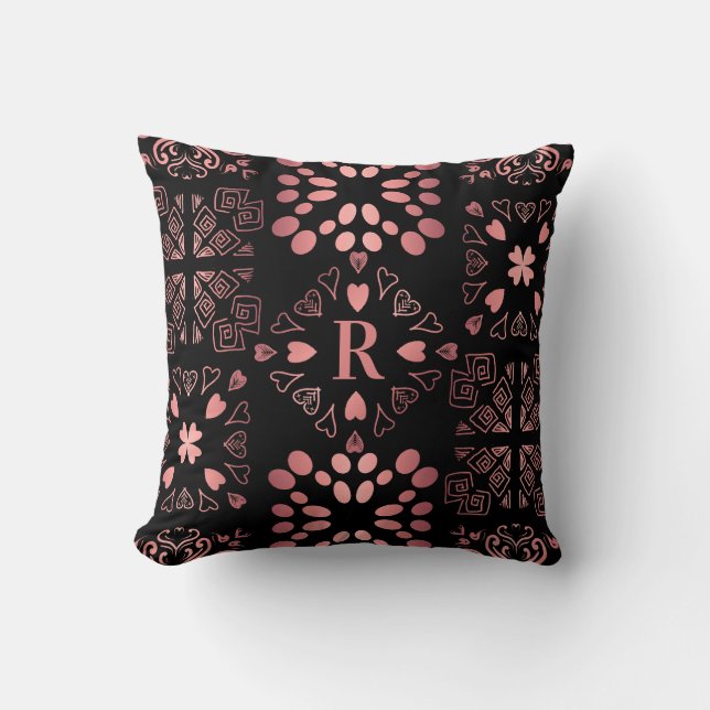 Black Rose Gold Monogram Heart Patchwork Pattern Throw Pillow (Front)