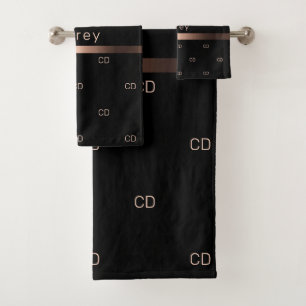 Black rose gold monogram initials pattern name bath towel set