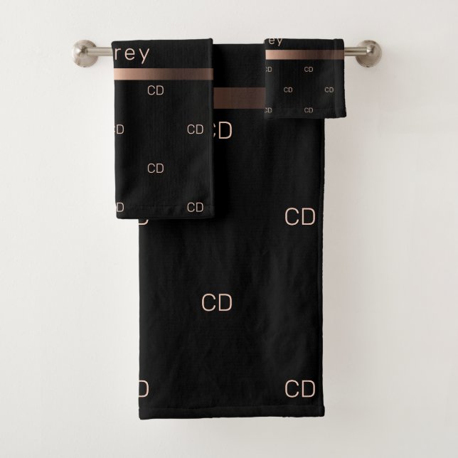 Black rose gold monogram initials pattern name bath towel set (Insitu)