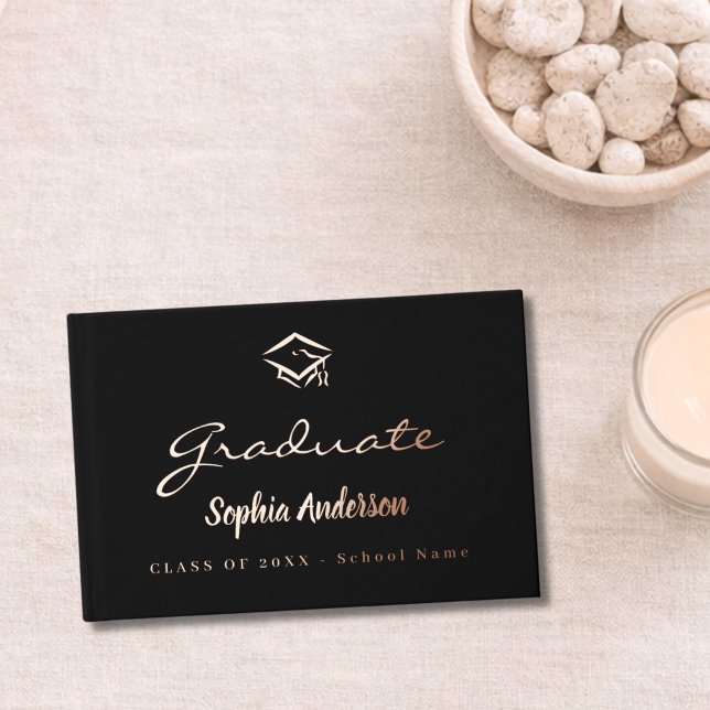 Black rose gold name script cap Graduation Guest Book (Creator Uploaded)