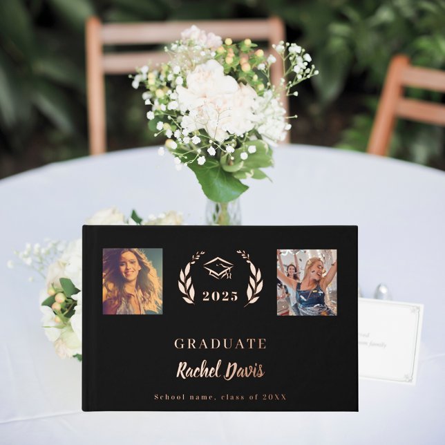 Black rose gold name script photo Graduation Guest Book (Creator Uploaded)