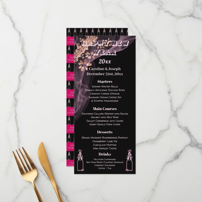 Black Rose Gold New Year Menu & Bubbly Champagne (Front/Back In Situ)
