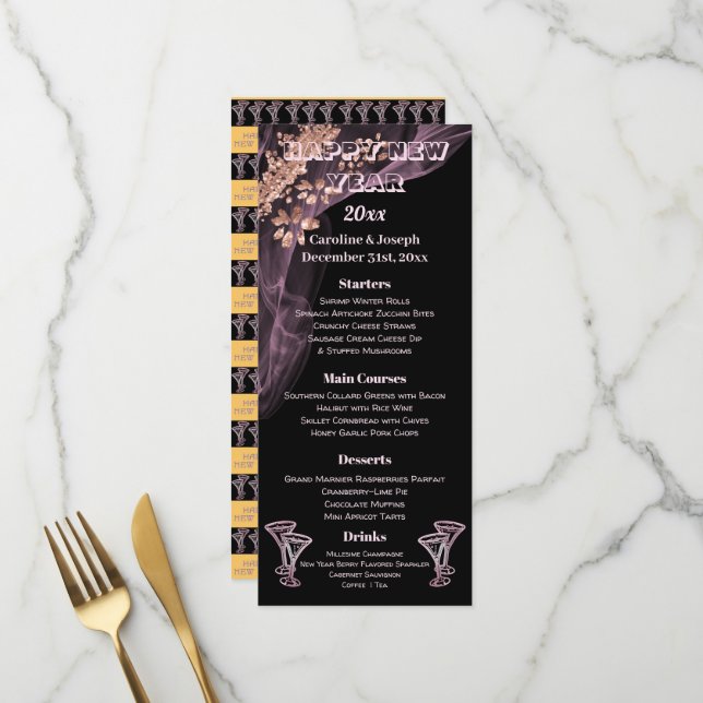 Black Rose Gold New Year Menu & Champagne Glasses (Front/Back In Situ)