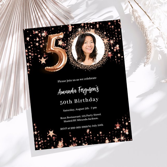 Black rose gold photo 50th birthday invitation (Creator Uploaded)