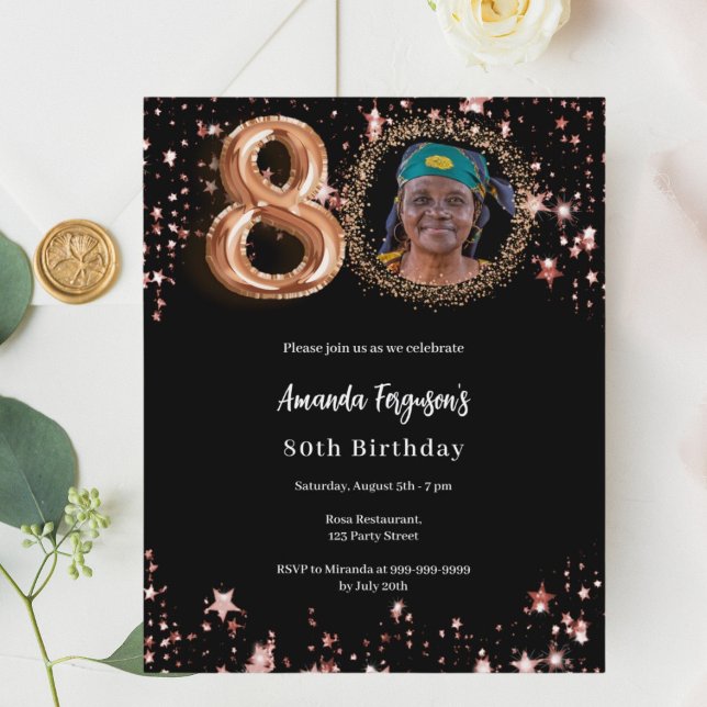 Black rose gold photo 80th birthday invitation (Creator Uploaded)