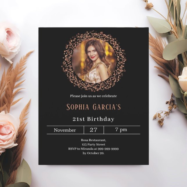 Black rose gold photo glitter birthday invitation (Creator Uploaded)