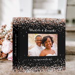 Black rose gold photo glitter wedding album binder<br><div class="desc">A stylish black background,  decorated with rose gold faux glitter,  sparkles.  Personalize and add a photo,  your names and wedding date. White text.
Spine: add your text.</div>