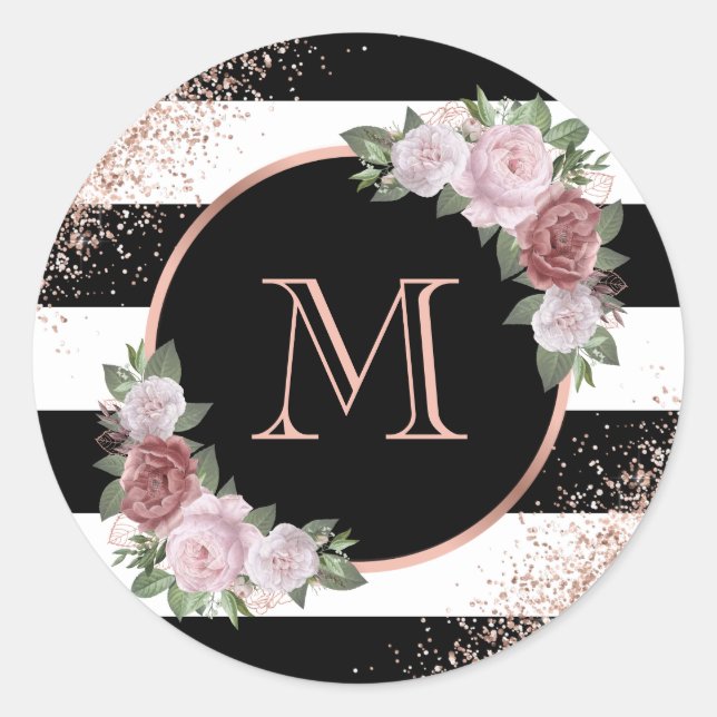 Black Rose Gold Pink Floral Monogram Classic Round Sticker (Front)