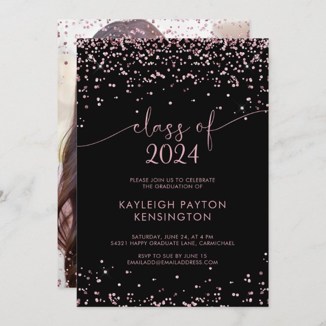 Black Rose Gold Pink Glitter Graduation Party  Announcement (Front/Back)