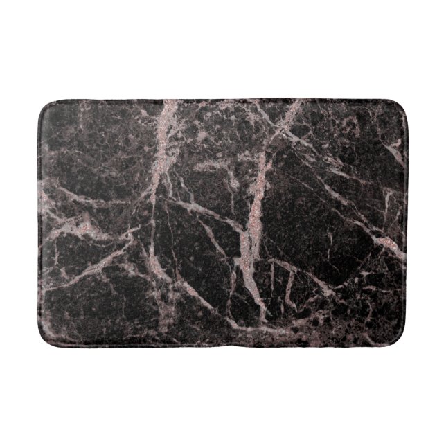 Black & Rose Gold Pink Glitter Marble Glam Trendy Bath Mat (Front)