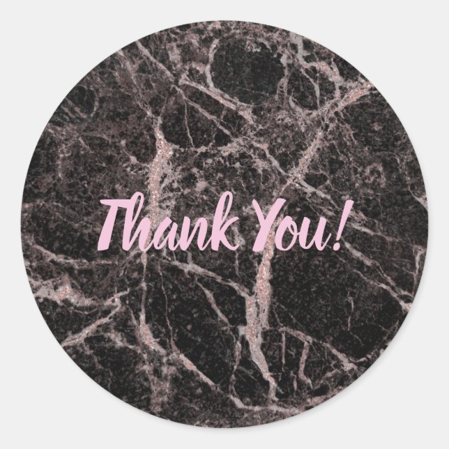 Black & Rose Gold Pink Glitter Marble Glam Trendy Classic Round Sticker (Front)
