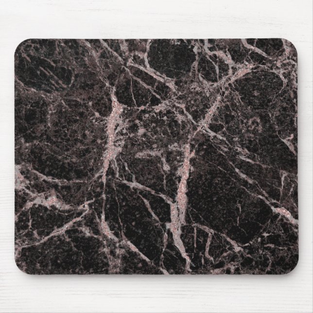 Black & Rose Gold Pink Glitter Marble Glam Trendy Mouse Pad (Front)