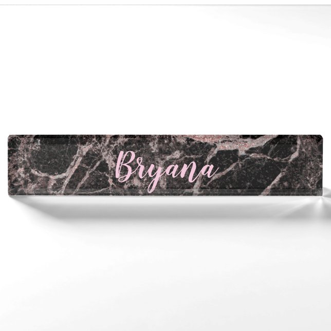 Black & Rose Gold Pink Glitter Marble Glam Trendy Nameplate (Front)