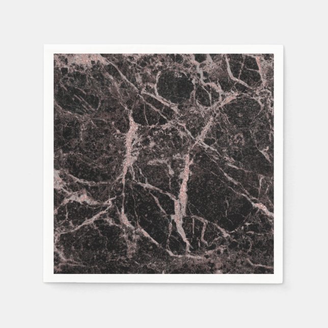 Black & Rose Gold Pink Glitter Marble Glam Trendy Napkin (Front)
