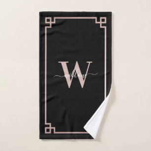 Black & Rose Gold Pink Greek Key Monogrammed  Bath Towel Set