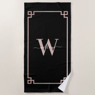 Black & Rose Gold Pink Greek Key Monogrammed  Beach Towel