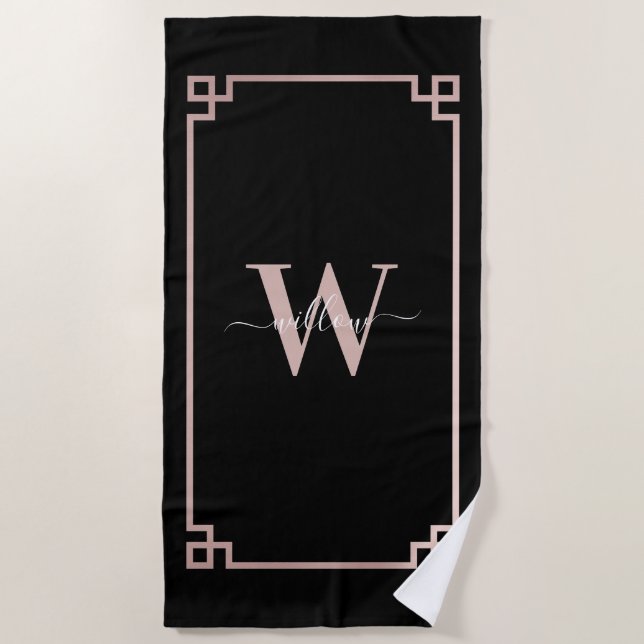 Black & Rose Gold Pink Greek Key Monogrammed  Beach Towel (Front)