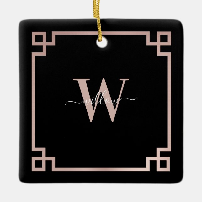Black & Rose Gold Pink Greek Key Monogrammed  Ceramic Ornament (Front)
