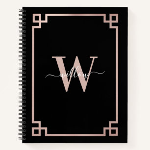 Black & Rose Gold Pink Greek Key Monogrammed Notebook
