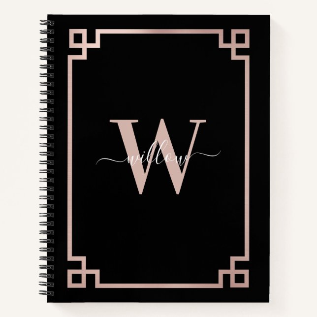 Black & Rose Gold Pink Greek Key Monogrammed  Notebook (Front)