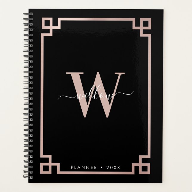 Black & Rose Gold Pink Greek Key Monogrammed Planner (Front)