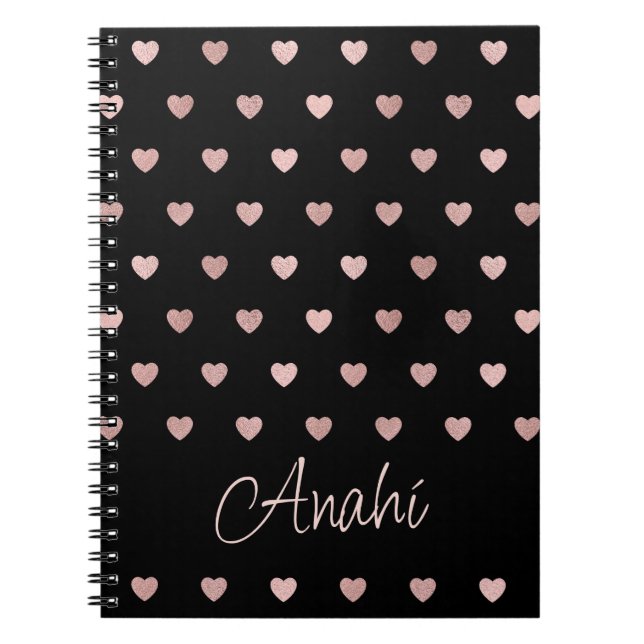 Black Rose Gold Polka Dot Hearts Personalized  Notebook (Front)