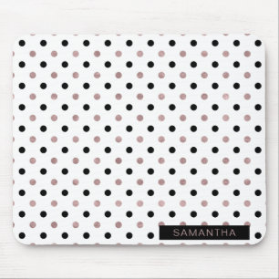 Black & Rose Gold Polka Dots in a White Background Mouse Pad