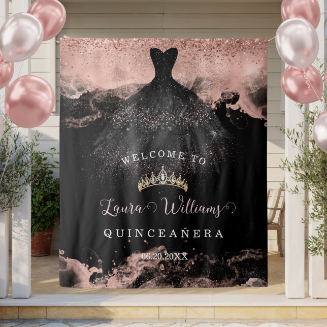 Black & Rose Gold Quinceañera Birthday Backdrop Tapestry (Rose Gold Glitter Quinceanera Birthday Party Backdrop)