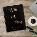 Black rose gold school work study typography 2025 planner<br><div class="desc">A chic black background.  Personalize and add a name and year.  Golden text: School,  work,  study</div>