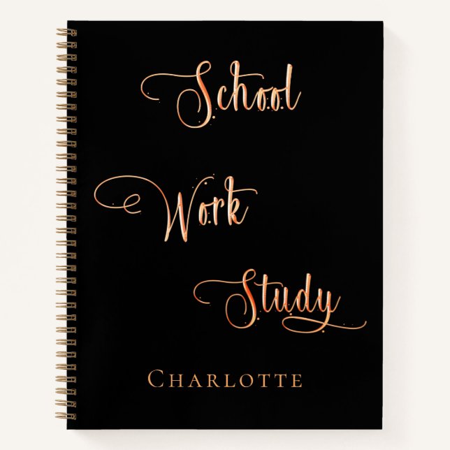 Black rose gold school work study typography notebook (Front)