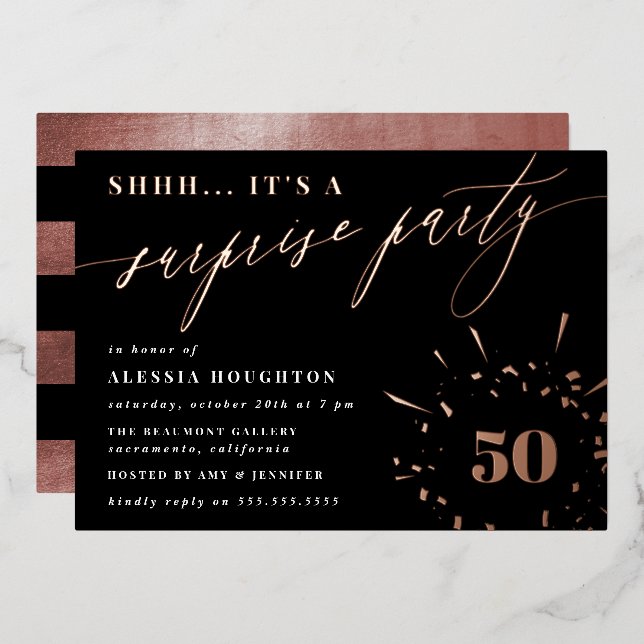 Black & Rose Gold Script Surprise Party (Front/Back)