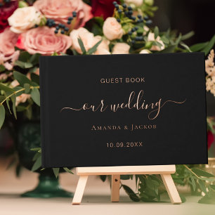 Black rose gold script wedding  guest book