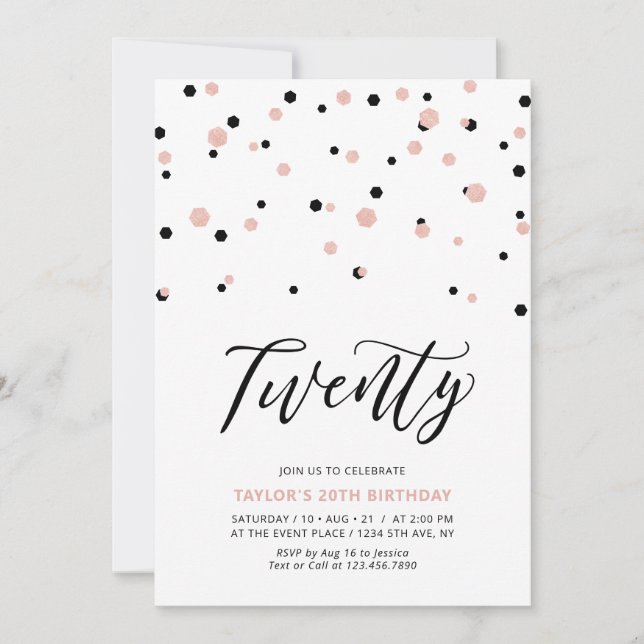 Black Rose gold Simple Twenty 20th Birthday Party Invitation (Front)