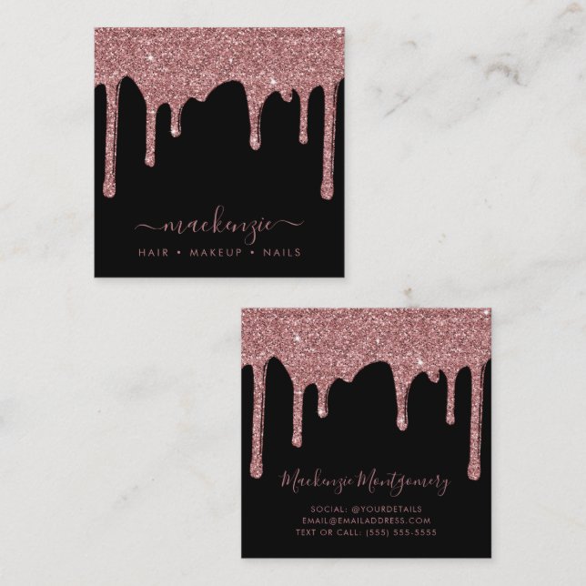 Black Rose Gold Sparkle Dripping Glitter Luxury Square Business Card (Front/Back)