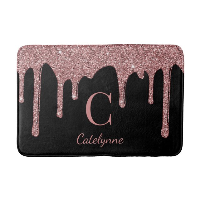 Black Rose Gold Sparkle Dripping Glitter Monogram Bath Mat (Front)
