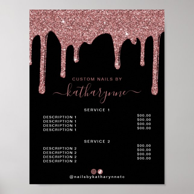 Black Rose Gold Sparkle Dripping Glitter Price Lis Poster (Front)