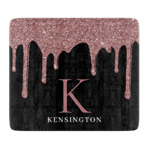 Black Rose Gold Sparkle Glitter Drips Monogram Cutting Board